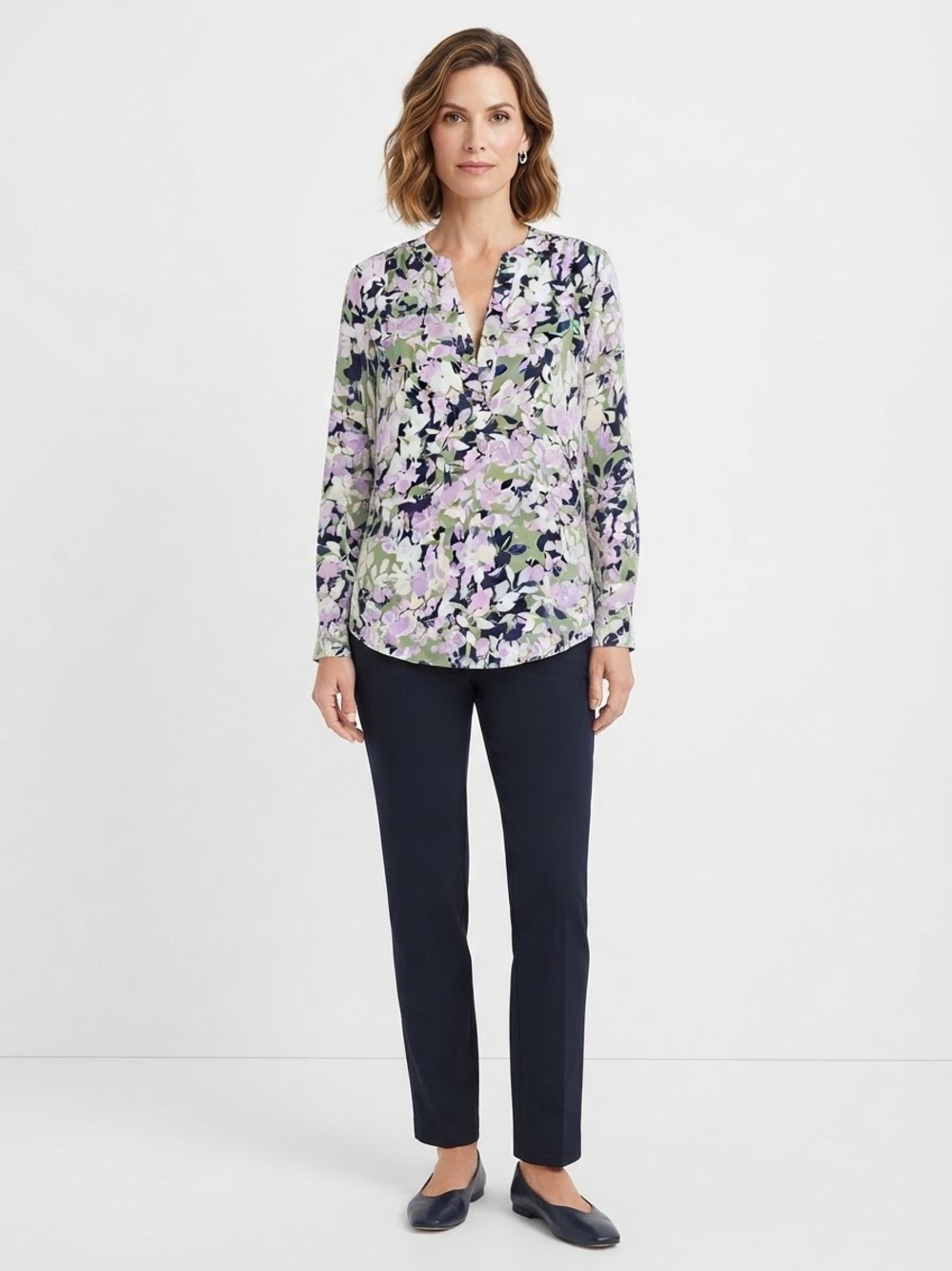 Zac & Rachel Purple Green Floral Long Sleeve Popover Blouse S